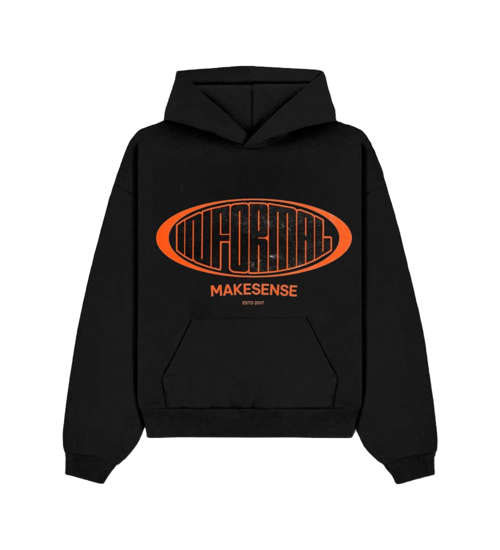 Black hoodie with orange logo and text on a black background